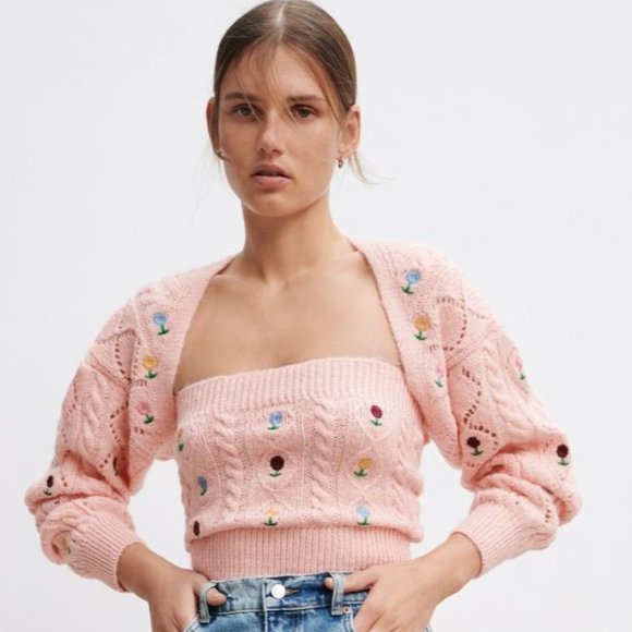 Zara Sweaters Zara Knit Flower Embroidered Top And Arm Warmer